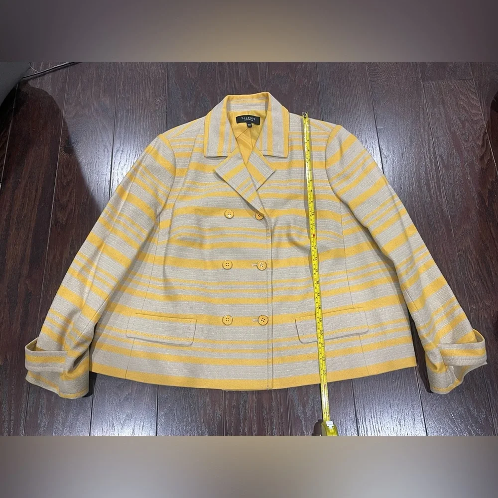 Talbots Women Career Striped Buttoned Blazer Mustard Taupe Size 16 Petite NEW